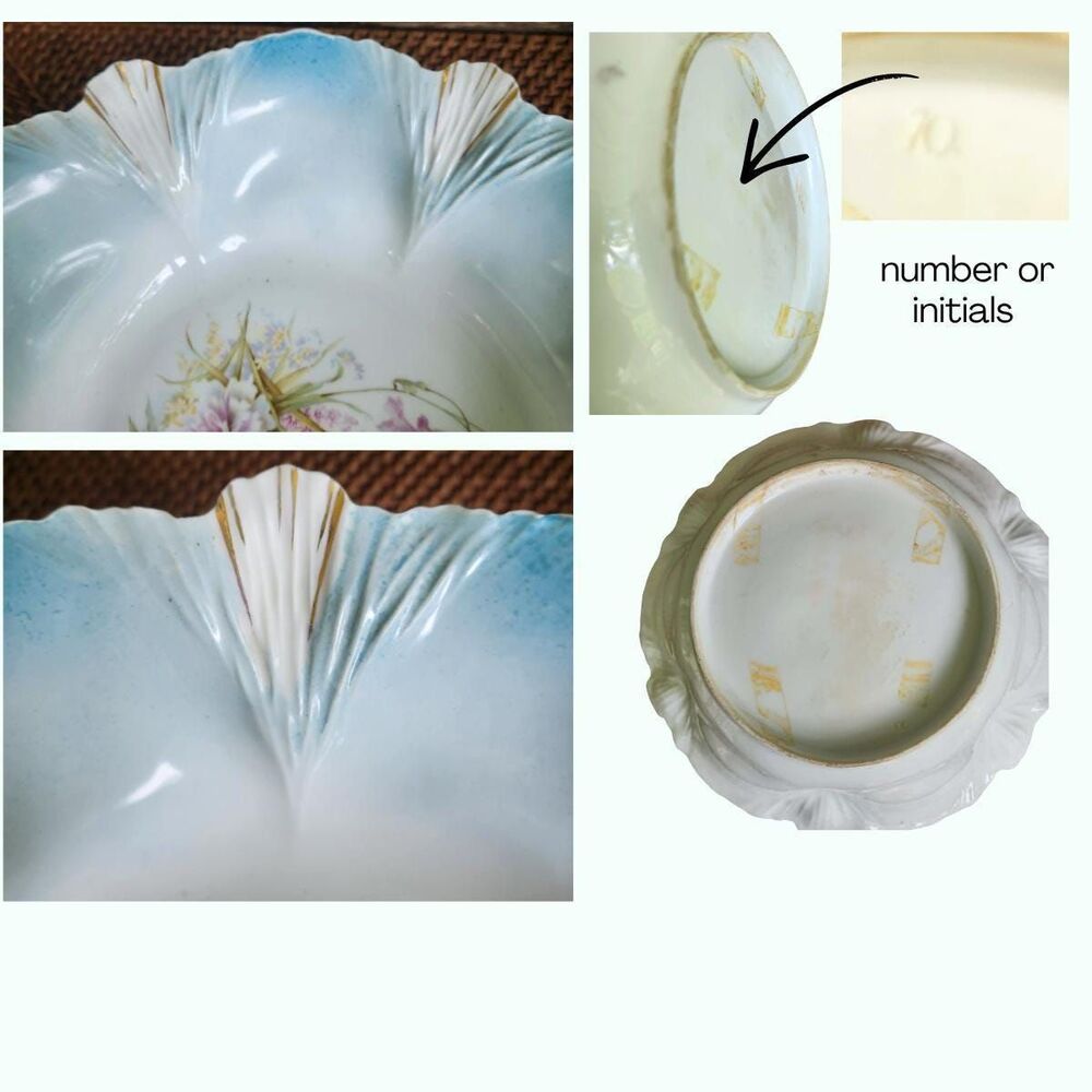 Prussia Porcelain Serving Bowl 1800s | Antique French Blue Gold Gilt Floral 11" - Picture 7 of 16